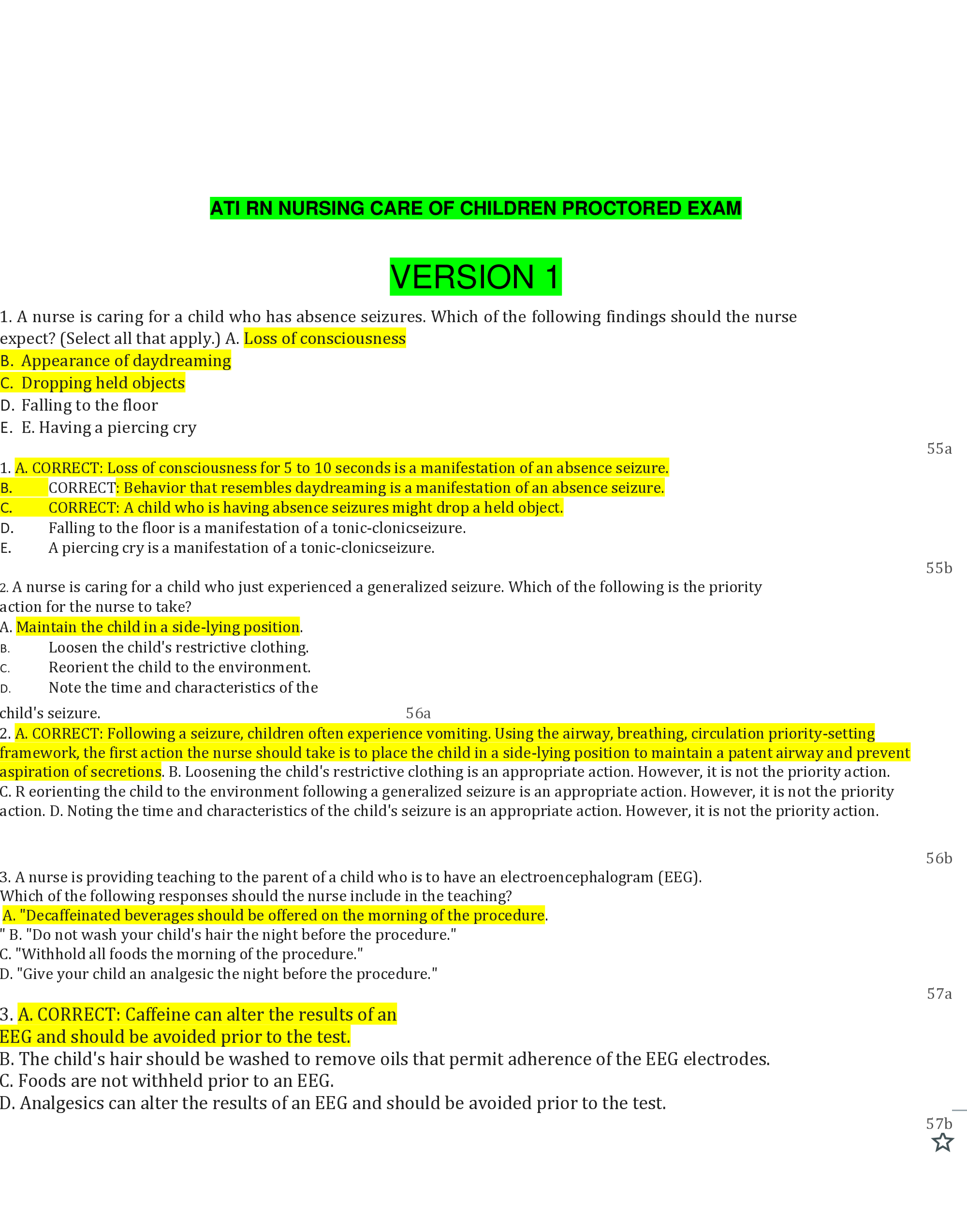ATI RN NURSING CARE OF CHILDREN PROCTORED EXAM MULTIPLE VERSIONS