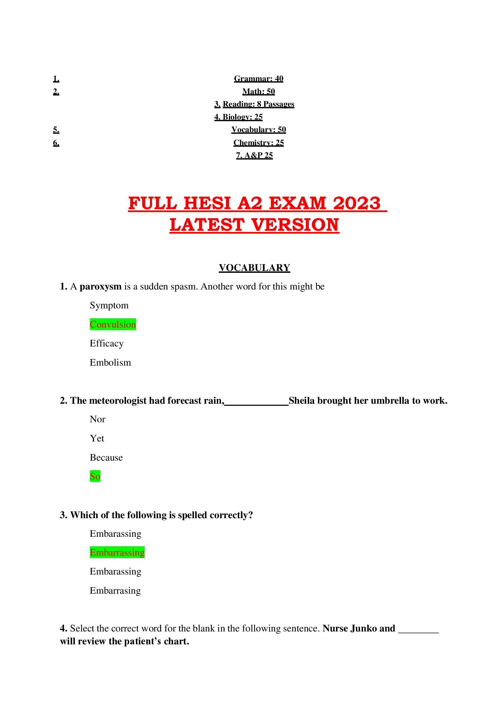 Full HESI A2 Exam 2026: Vocabulary, Math, Grammar, Reading, Biology, Chemistry & A&P with Correct Answers