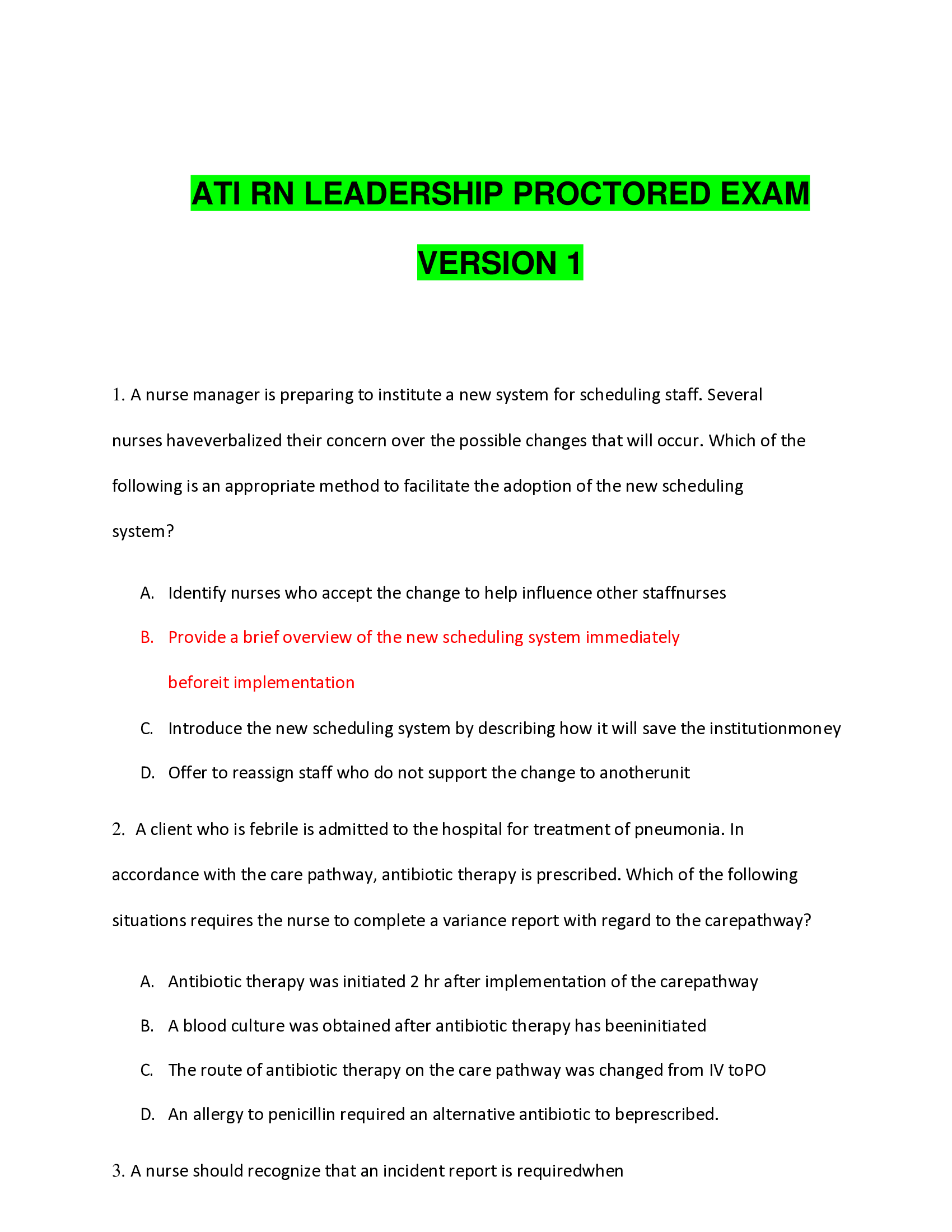 ATI RN LEADERSHIP PROCTORED EXAM(11 VERSIONS)