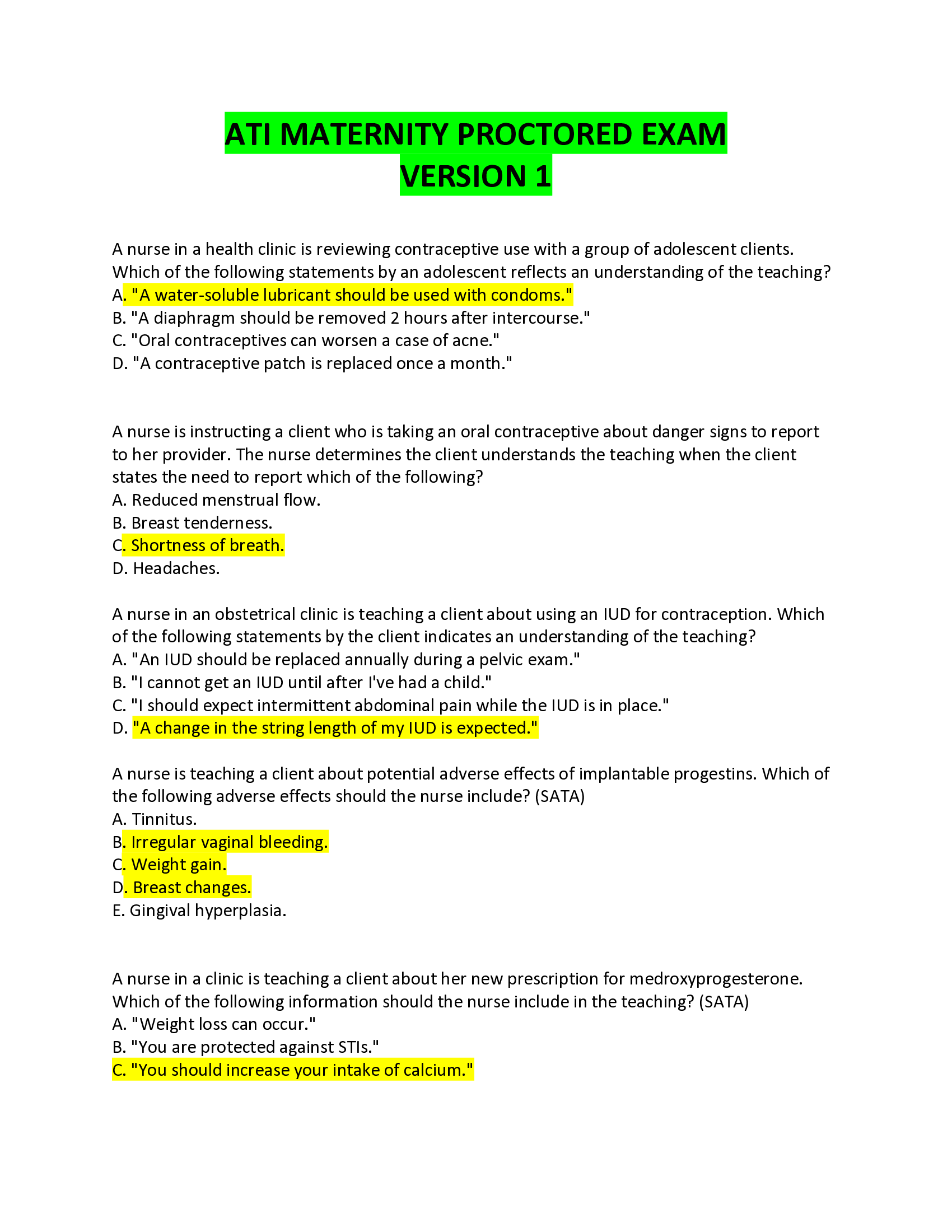 ATI MATERNITY PROCTORED EXAM WITH 5 VERSIONS