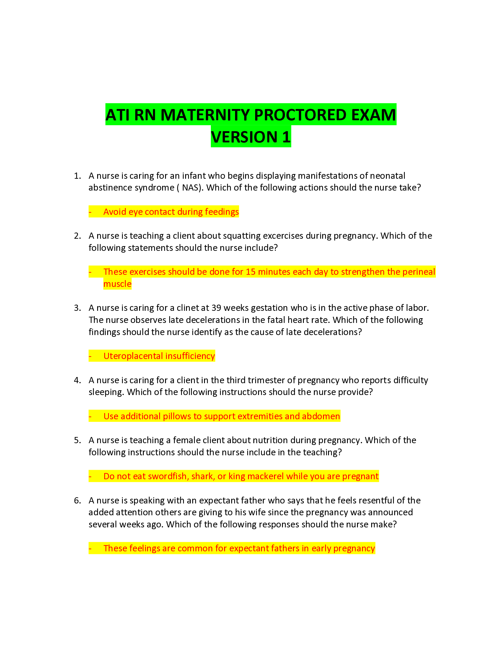 ATI RN MATERNITY PROCTORED EXAM (5 VERSIONS)