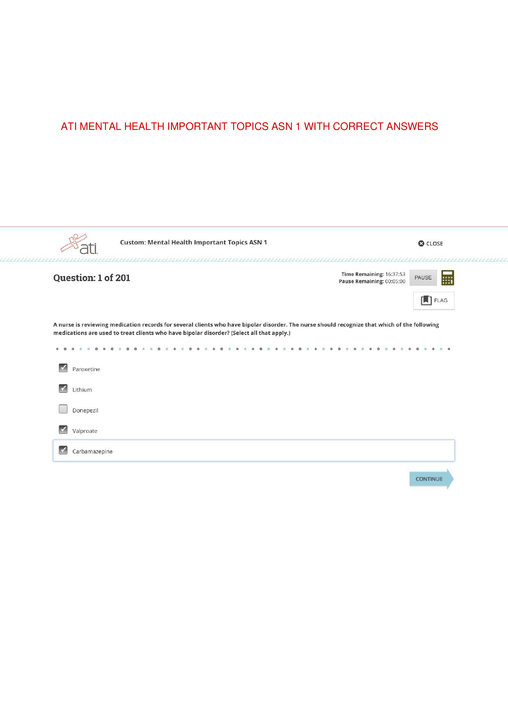 ATI MENTAL HEALTH IMPORTANT TOPICS ASN 1 WITH CORRECT ANSWERS WITH NGN