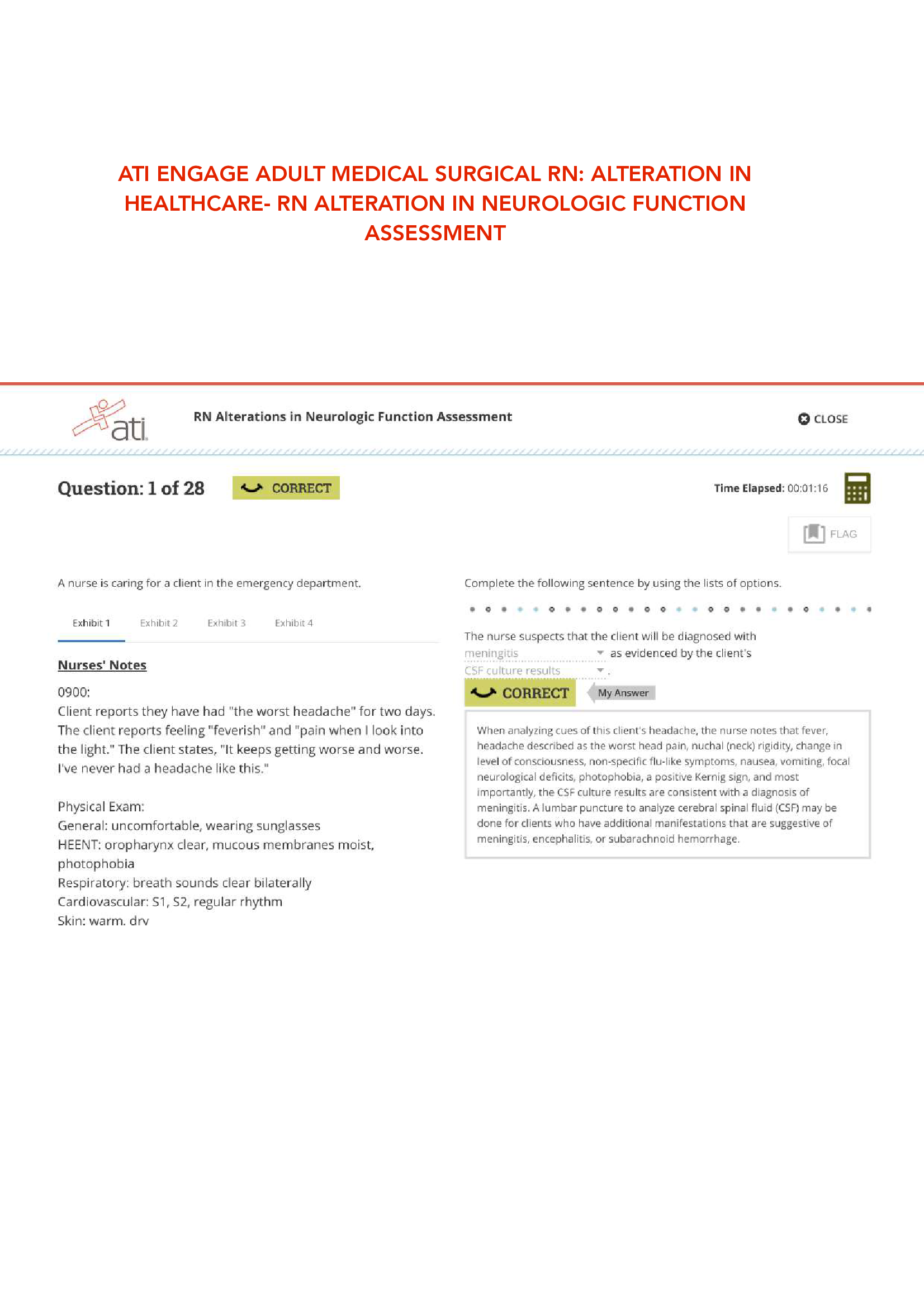 ATI ENGAGE ADULT MEDICAL SURGICAL RN ALTERATION IN HEALTHCARE IN NEUROLOGIC FUNCTION EXAM NGN