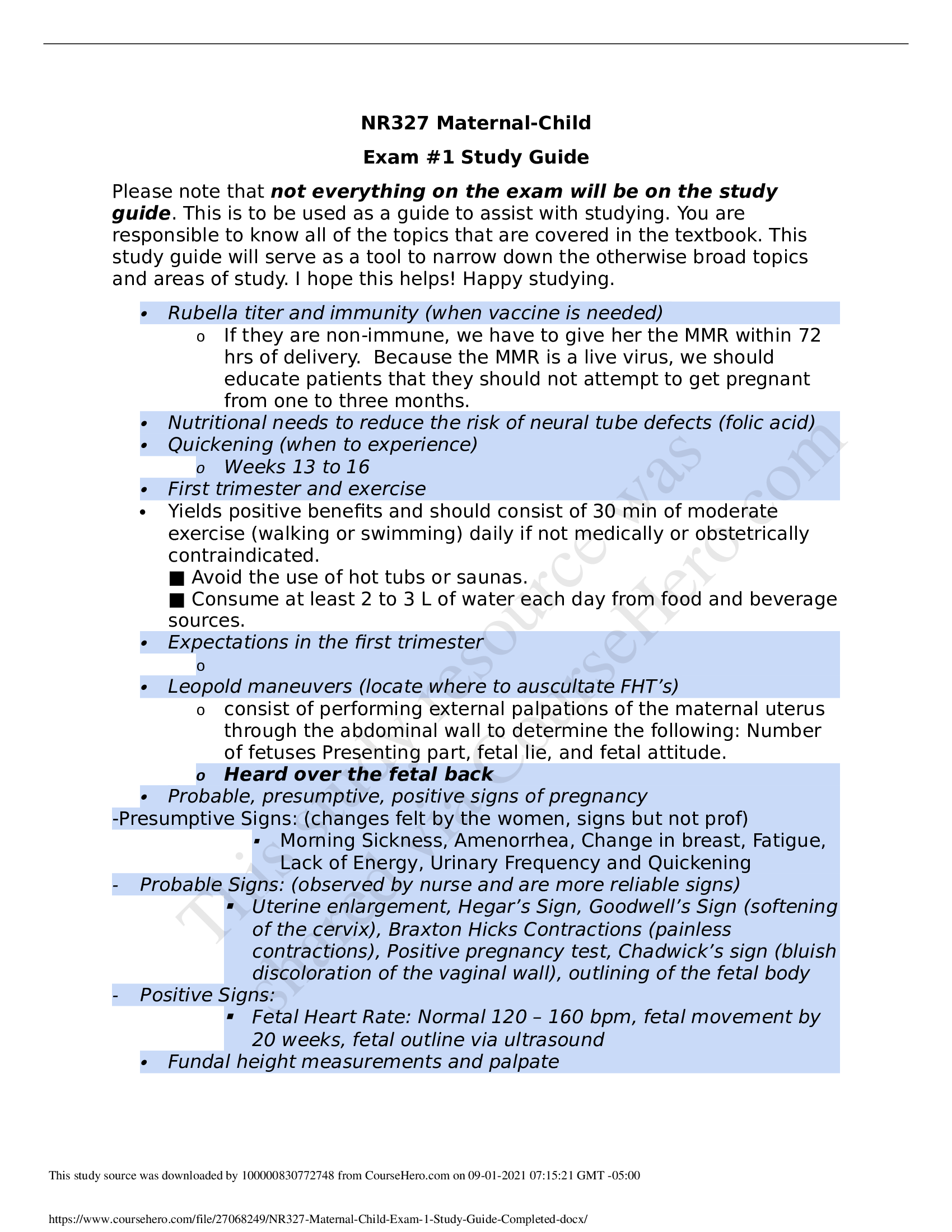 NR327 Maternal-Child Exam No. 1 Study Guide