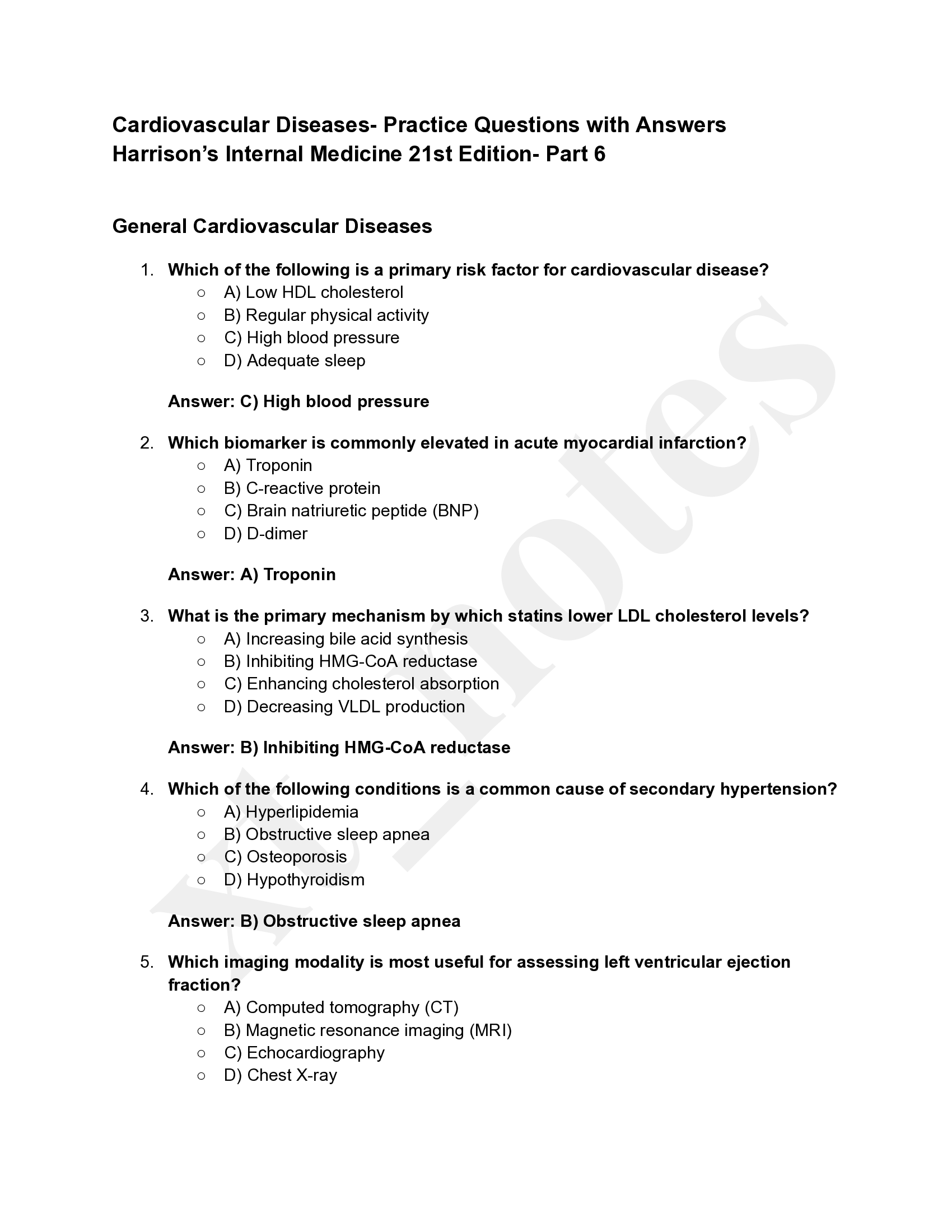 Cardiovascular Diseases- Practice Questions with Answers  Harrison’s Internal Medicine 21st Edition