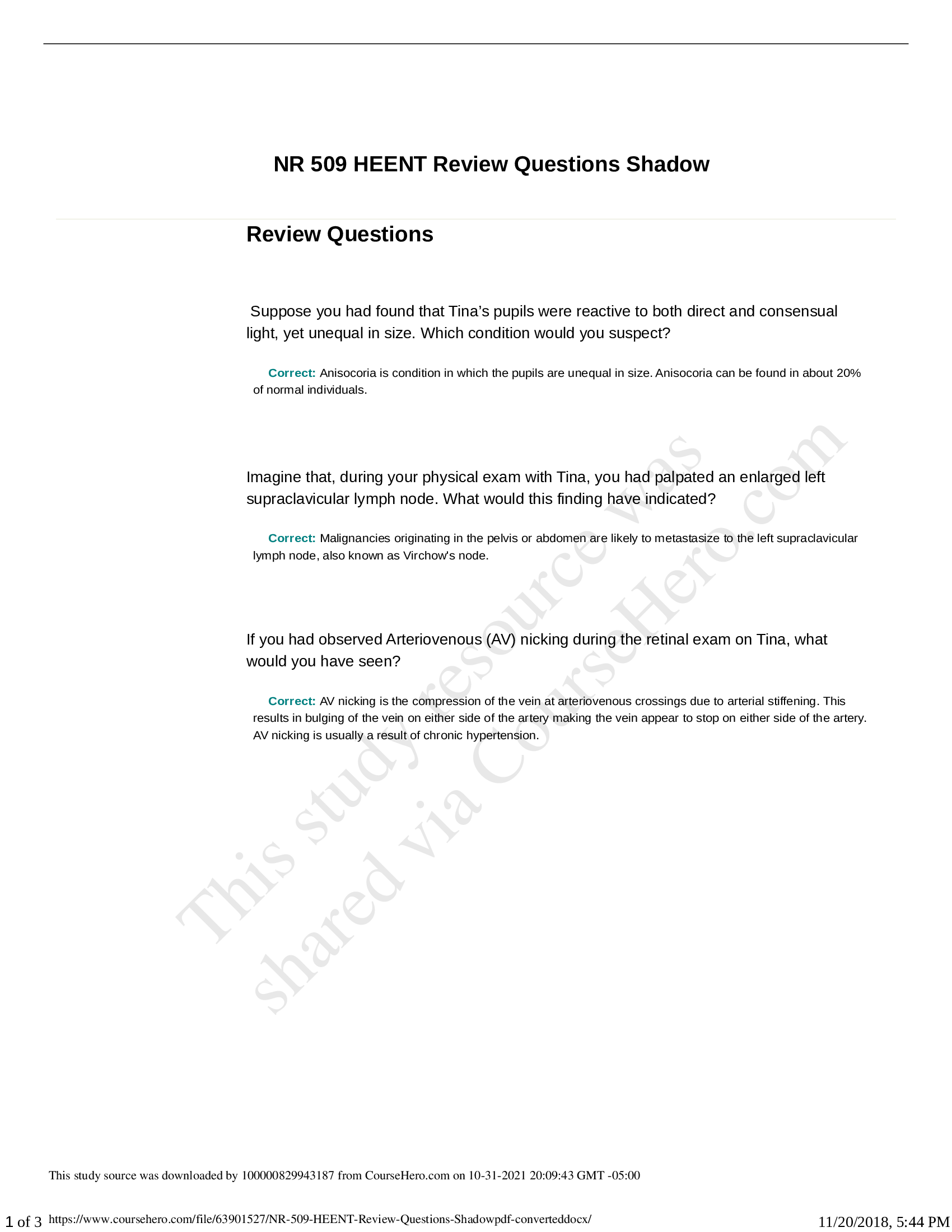 NR 509 HEENT Review Questions Shadow Review Questions