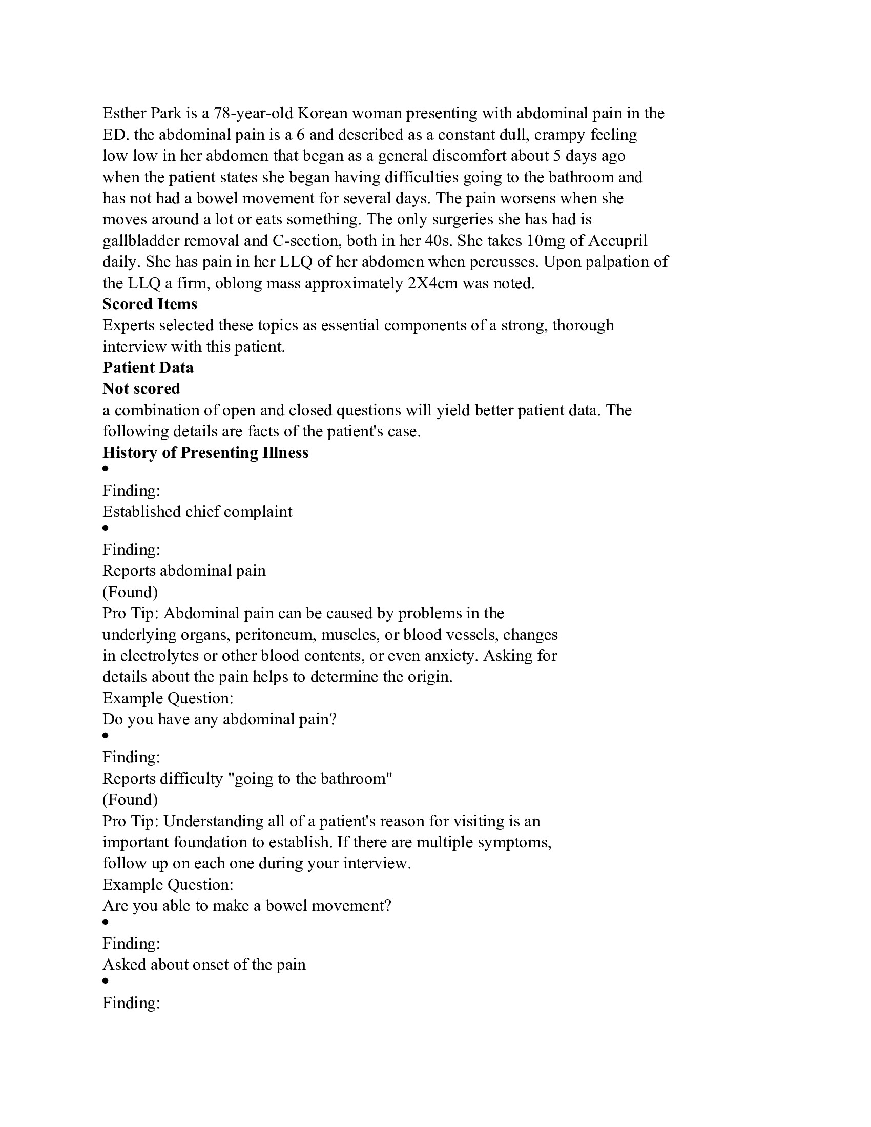 Focused Exam: Abdominal Pain Esther Park shadow health assignment answers Rated A+