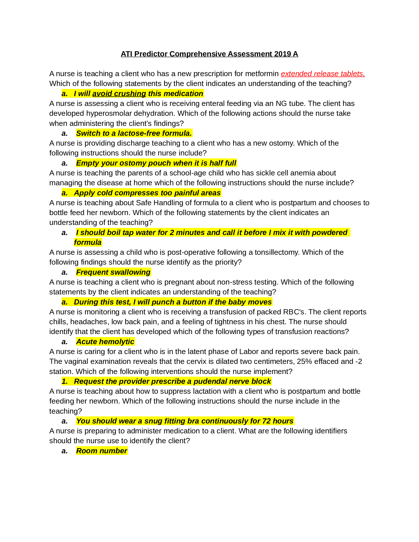 RN ATI capstone proctored comprehensive assessment 2019 A (VERIFIED ANSWERS)