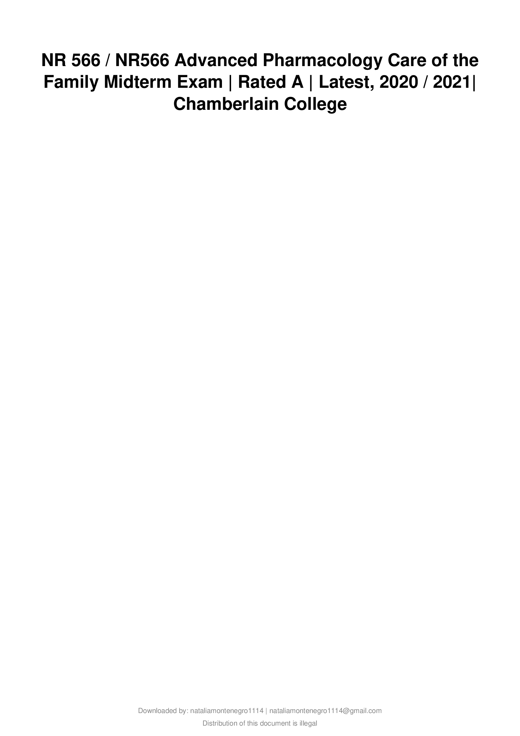 NR566 Advanced Pharmacology Care of the Family Midterm Exam Rated A  Latest, 2020, 2021, Chamberlain College