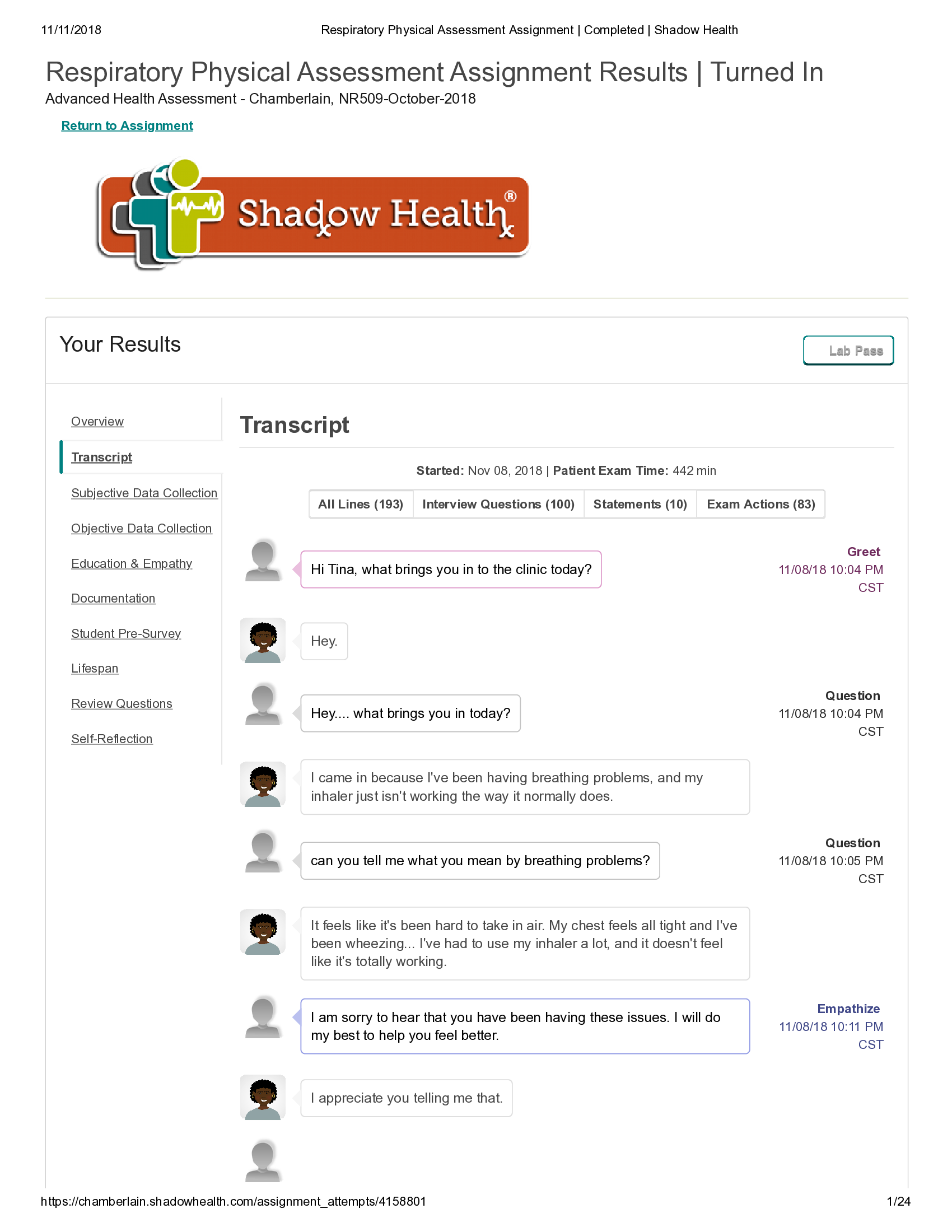 Respiratory Physical Assessment Assignment _ Completed _ Shadow Health Transcript