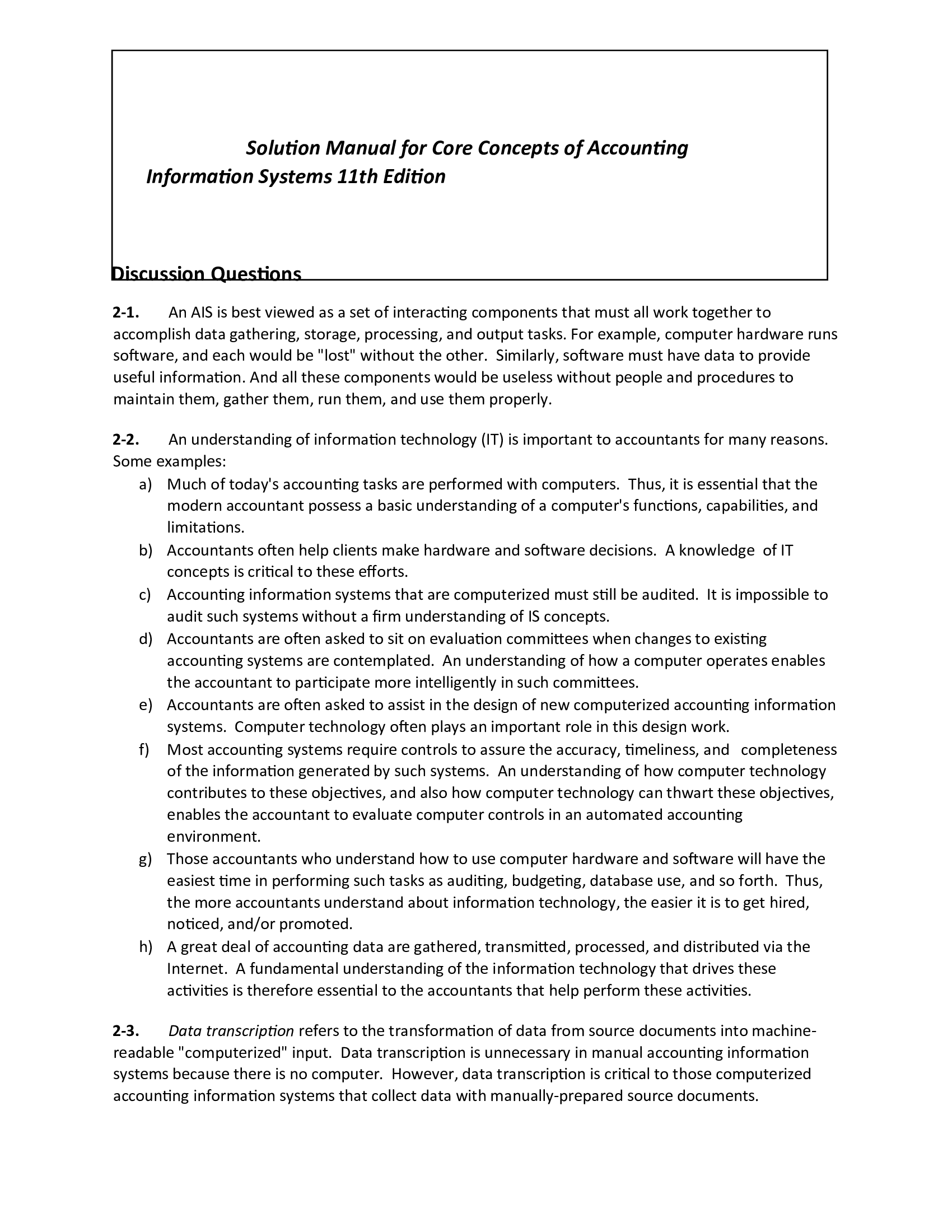 Solution Manual for Core Concepts of Accounting Information Systems