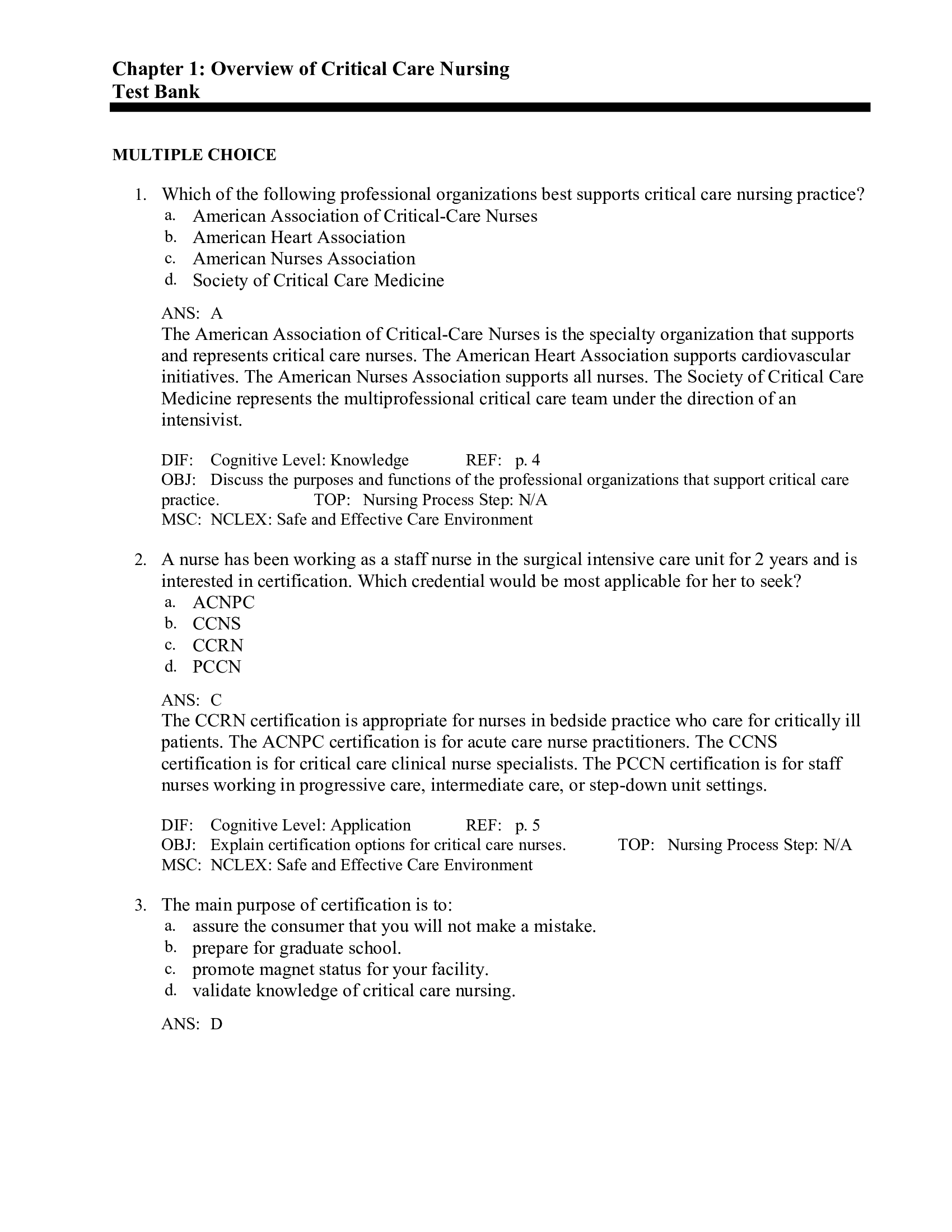 Chapter 1: Overview of Critical Care Nursing Test Bank