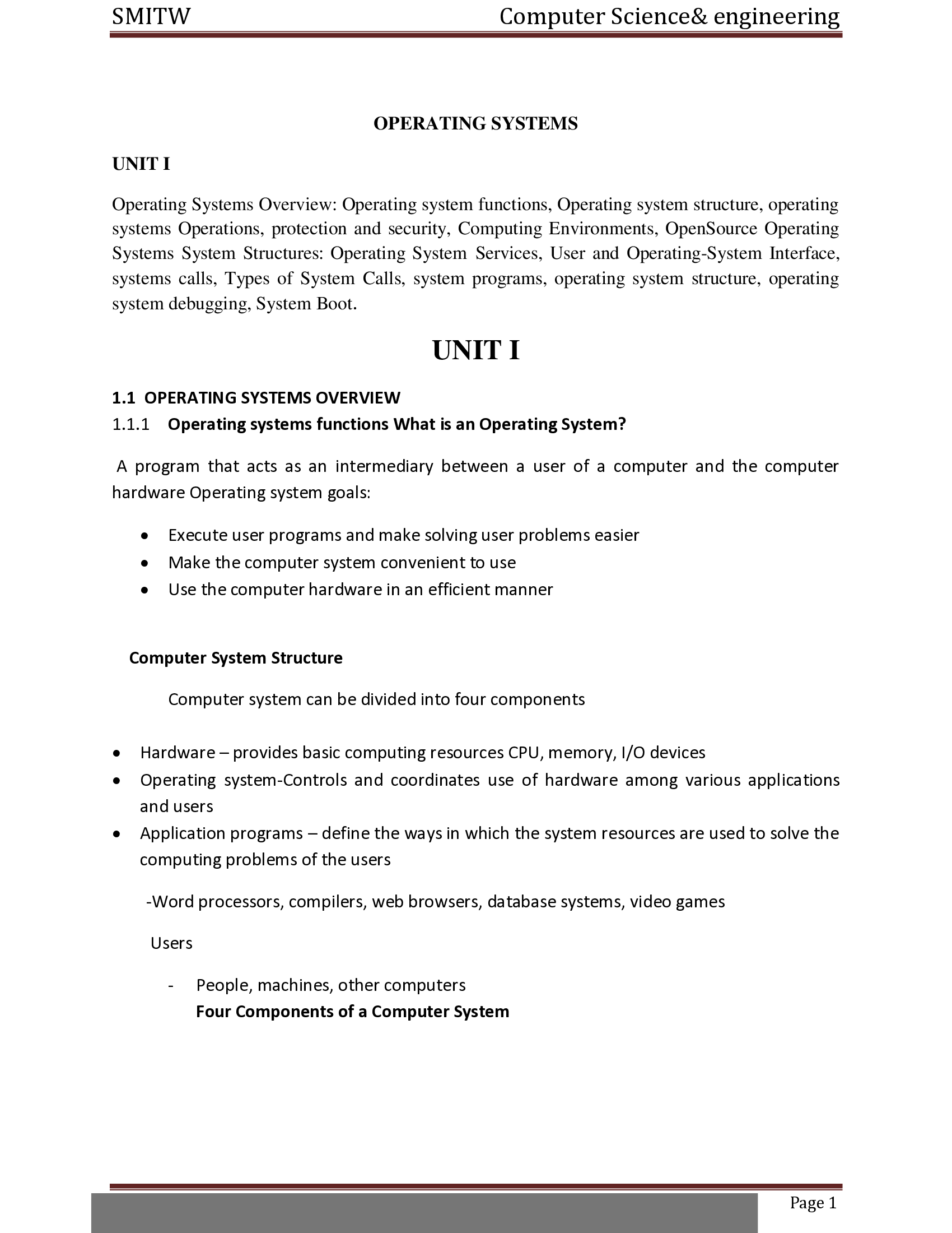 opearating system SMITW Computer Science Notes