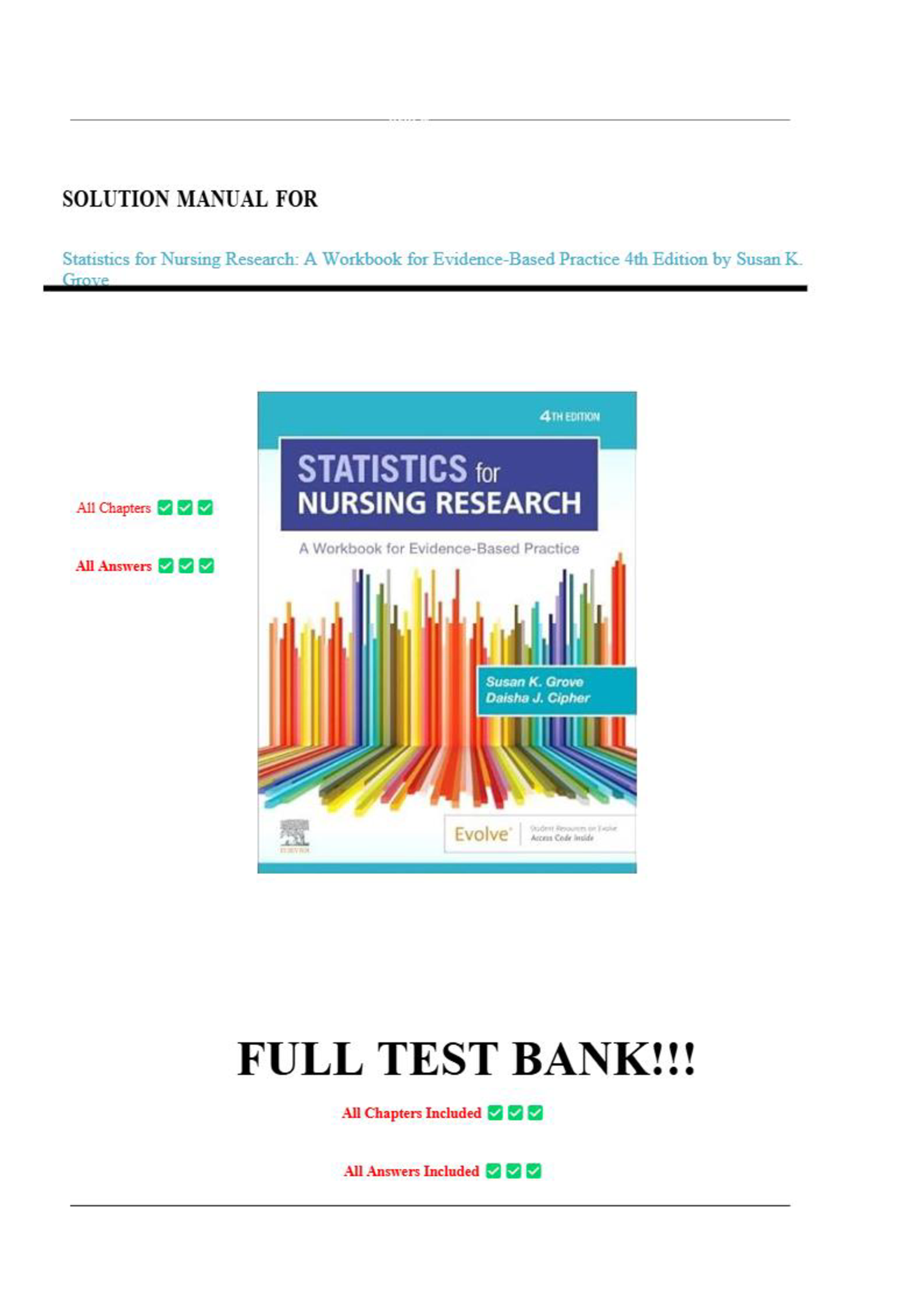 Solution Manual for Statistics for Nursing Research A Workbook for Evidence-Based Practice 4th Edition by Susan K. Grove, All Chapters